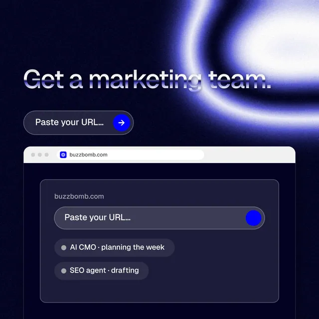 Instagram post for BuzzBomb: "Get a marketing team." Agentic glass style, browser layout, dark palette in blue, black.