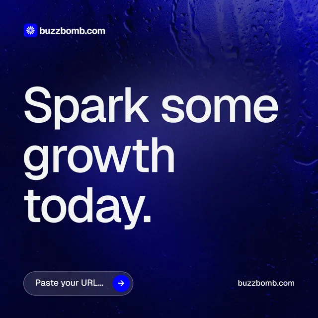 Instagram post for BuzzBomb: "Spark some growth today." Agentic glass style, poster layout, dark palette in black, blue, grey.