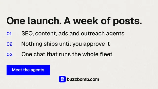 Landscape graphic for BuzzBomb: "One launch. A week of posts." Swiss style, numbered layout, light palette in white, grey.