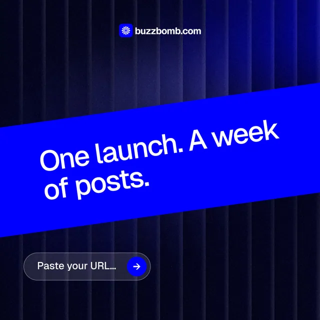 Instagram post for BuzzBomb: "One launch. A week of posts." Agentic glass style, diagonal layout, dark palette in black, blue.