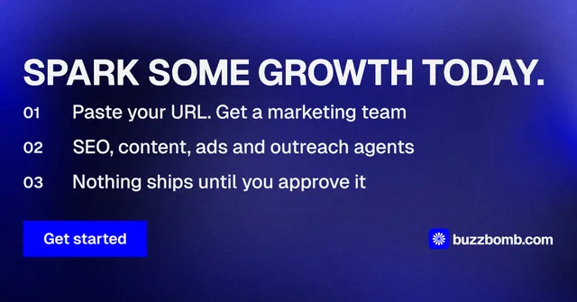 Social ad for BuzzBomb: "Spark some growth today." Swiss style, numbered layout, dark palette in blue.