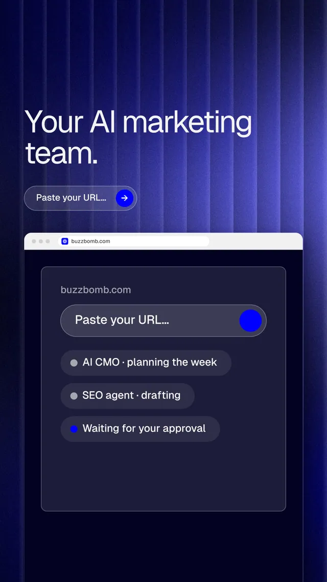 Instagram story for BuzzBomb: "Your AI marketing team." Agentic glass style, browser layout, dark palette in blue, black.