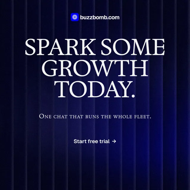 Instagram post for BuzzBomb: "Spark some growth today." Agentic glass style, smallcaps layout, dark palette in black, blue, grey.