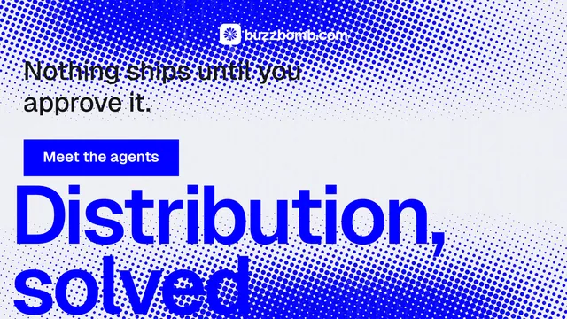 Landscape graphic for BuzzBomb: "Seven agents. One chat." Swiss style, oversized layout, light palette in blue, white.