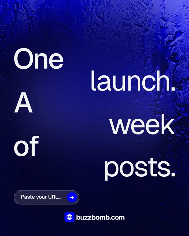 Instagram portrait post for BuzzBomb: "One launch. A week of posts." Agentic glass style, stacked layout, dark palette in black, blue.