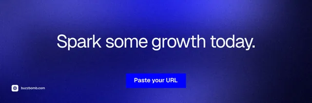 X header for BuzzBomb: "Spark some growth today." Swiss style, centred layout, dark palette in blue.