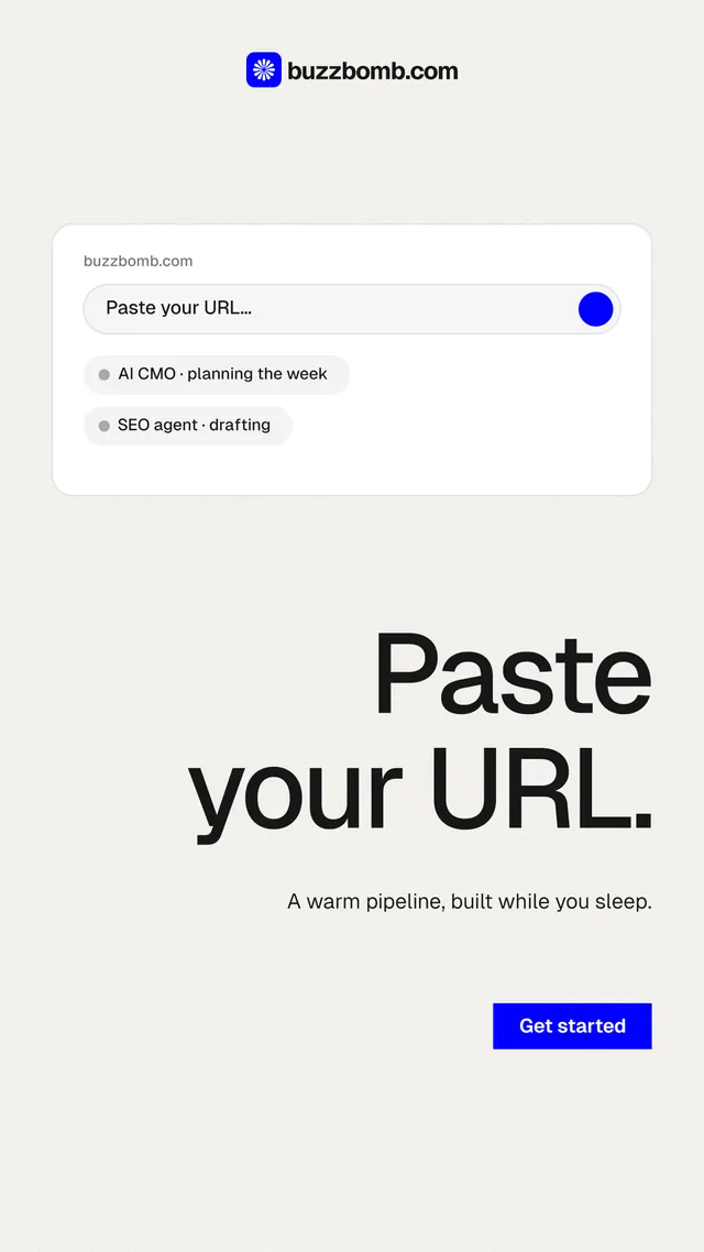 Instagram story for BuzzBomb: "Paste your URL." Swiss style, right layout, light palette in white.