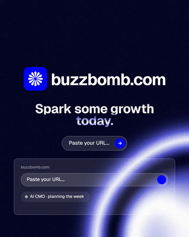 Instagram portrait post for BuzzBomb: "Spark some growth today." Agentic glass style, logo hero layout, dark palette in black, blue.