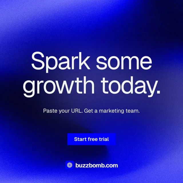 Instagram post for BuzzBomb: "Spark some growth today." Swiss style, centred layout, dark palette in blue.