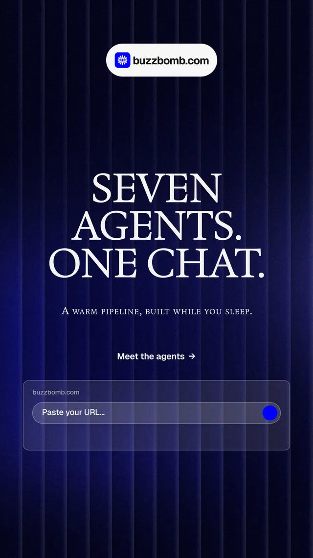 Instagram story for BuzzBomb: "Seven agents. One chat." Agentic glass style, smallcaps layout, dark palette in black, blue, grey.