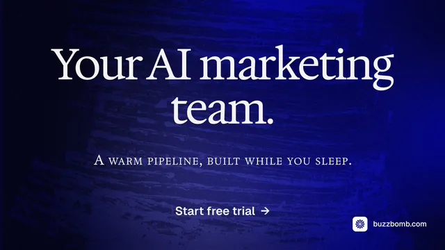 Landscape graphic for BuzzBomb: "Your AI marketing team." Agentic glass style, smallcaps layout, dark palette in black, blue.