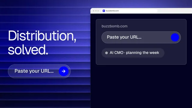 Landscape graphic for BuzzBomb: "Distribution, solved." Agentic glass style, browser layout, dark palette in black, blue.