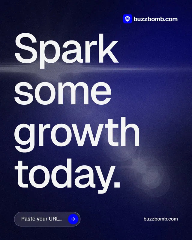 Instagram portrait post for BuzzBomb: "Spark some growth today." Agentic glass style, poster layout, dark palette in blue, black, grey.