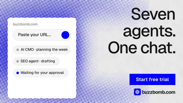 Landscape graphic for BuzzBomb: "Seven agents. One chat." Swiss style, right layout, light palette in white, blue.