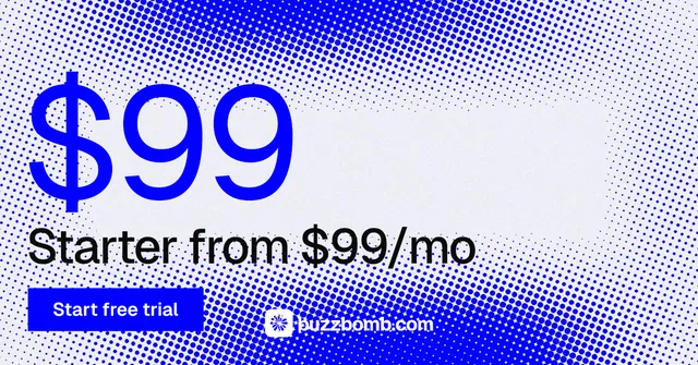 Social ad for BuzzBomb: "One launch. A week of posts." Swiss style, stat layout, light palette in blue, white.