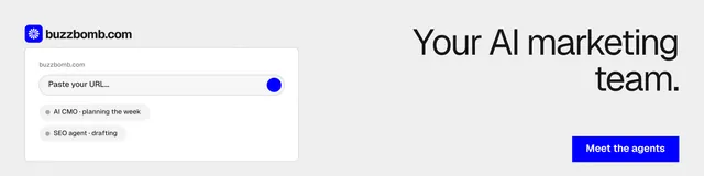 LinkedIn banner for BuzzBomb: "Your AI marketing team." Swiss style, right layout, light palette in white, blue.