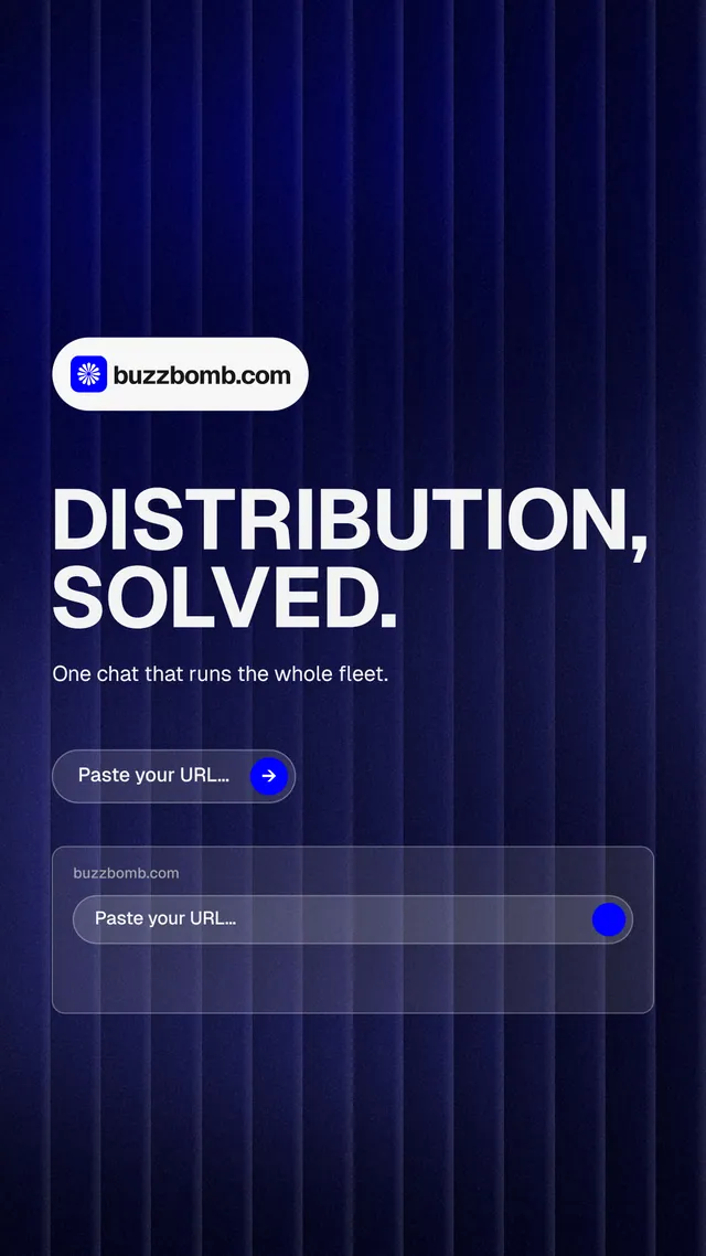 Instagram story for BuzzBomb: "Distribution, solved." Agentic glass style, announce layout, dark palette in blue, black, grey.