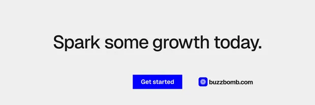 X header for BuzzBomb: "Spark some growth today." Swiss style, centred layout, light palette in white, blue.