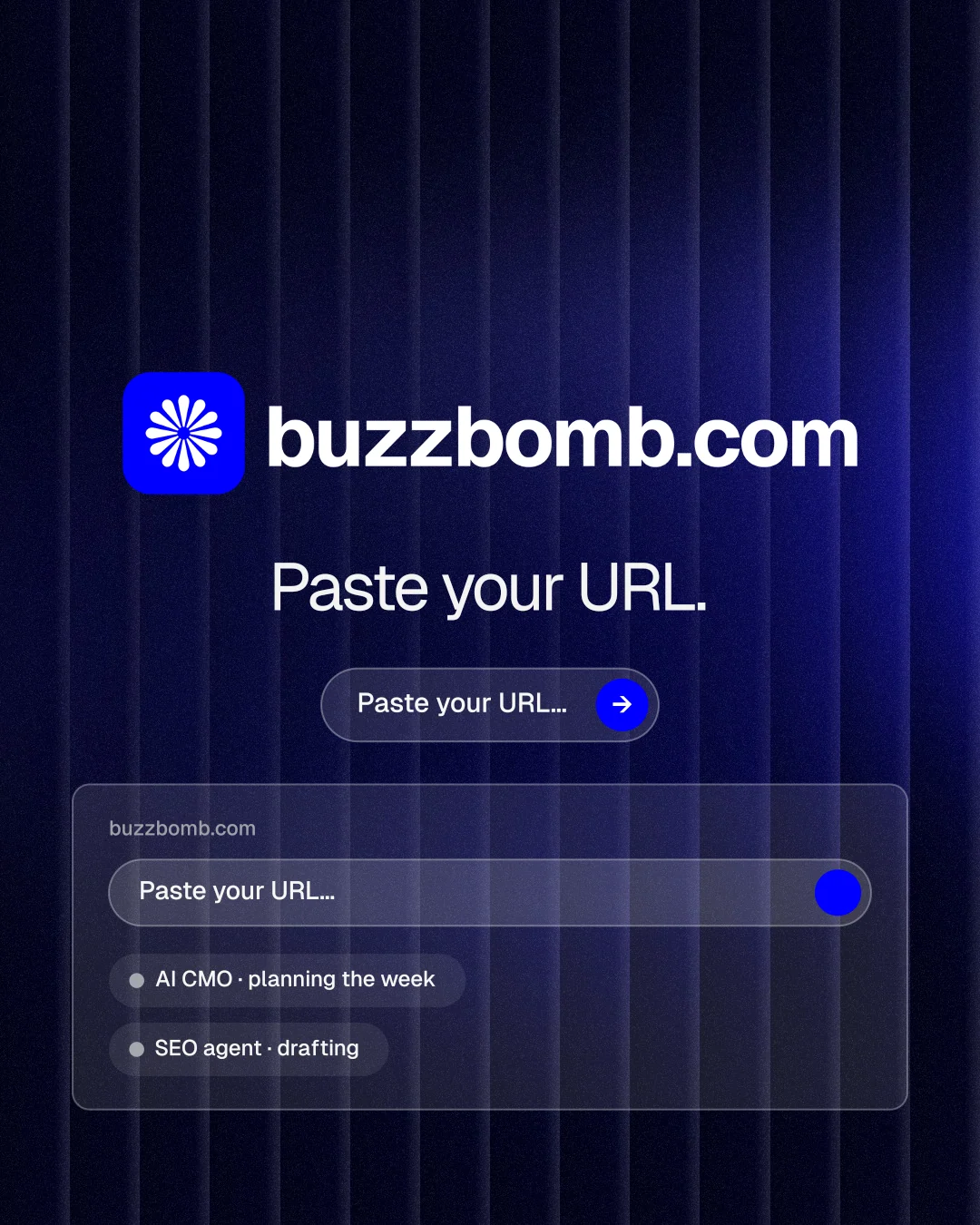 Instagram portrait post for BuzzBomb: "Paste your URL." Agentic glass style, logo hero layout, dark palette in black, blue.
