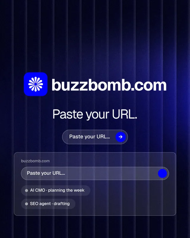 Instagram portrait post for BuzzBomb: "Paste your URL." Agentic glass style, logo hero layout, dark palette in black, blue.
