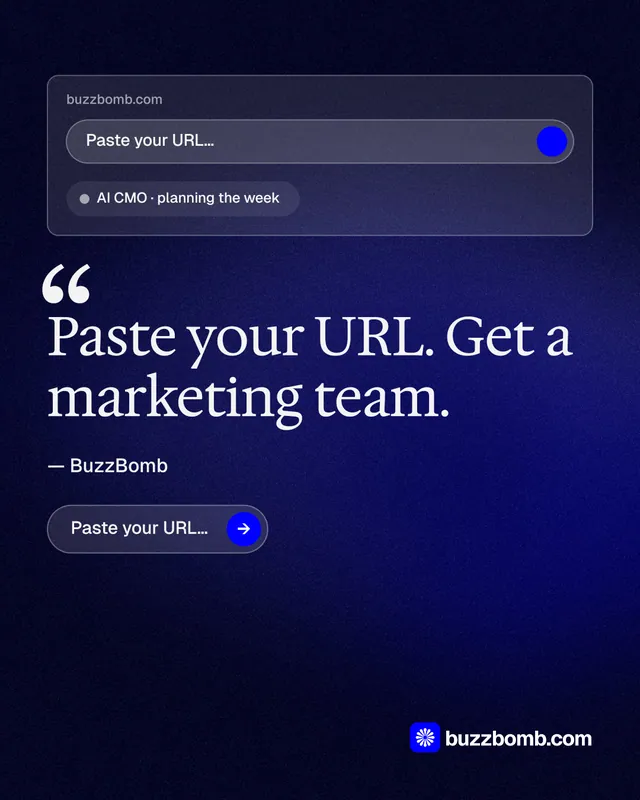 Instagram portrait post for BuzzBomb: "Your AI marketing team." Agentic glass style, quote layout, dark palette in black, blue.