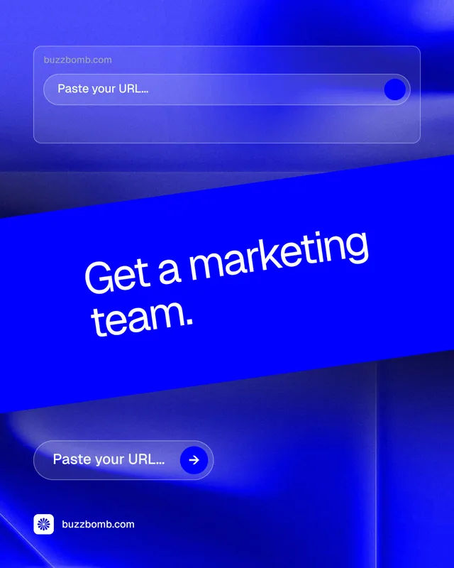 Instagram portrait post for BuzzBomb: "Get a marketing team." Agentic glass style, diagonal layout, dark palette in blue.