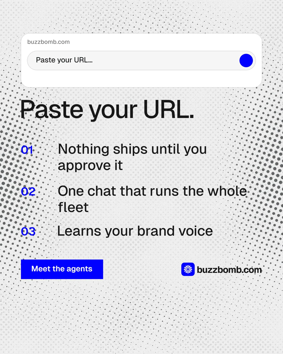 Instagram portrait post for BuzzBomb: "Paste your URL." Swiss style, numbered layout, light palette in white, grey.