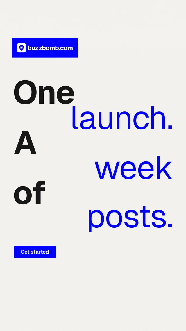 Instagram story for BuzzBomb: "One launch. A week of posts." Swiss style, stacked layout, light palette in white, blue.