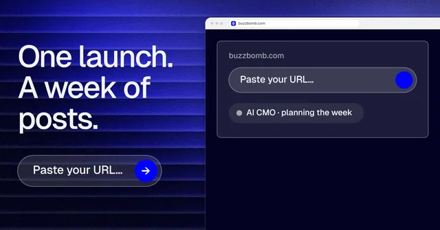 Social ad for BuzzBomb: "One launch. A week of posts." Agentic glass style, browser layout, dark palette in black, blue.
