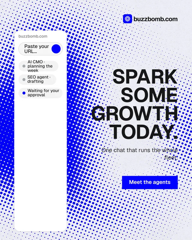 Instagram portrait post for BuzzBomb: "Spark some growth today." Split block style, right layout, light palette in blue, white.