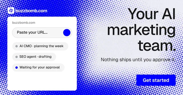 Social ad for BuzzBomb: "Your AI marketing team." Swiss style, right layout, light palette in blue, white.