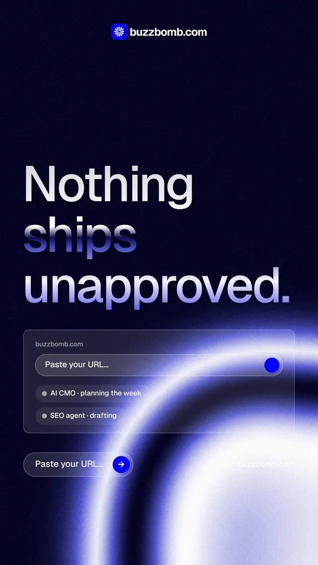 Instagram story for BuzzBomb: "Nothing ships unapproved." Agentic glass style, poster layout, dark palette in black, blue.