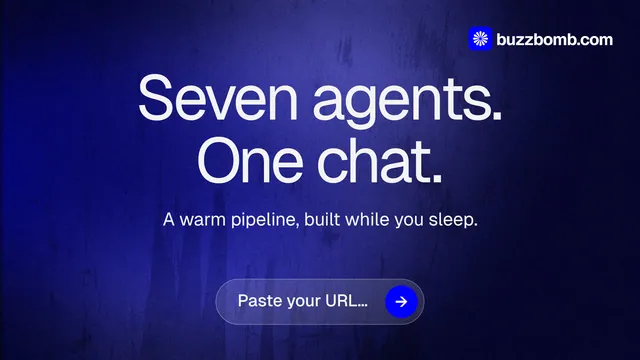 Landscape graphic for BuzzBomb: "Seven agents. One chat." Agentic glass style, centred layout, dark palette in black, blue.