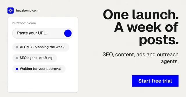 Social ad for BuzzBomb: "One launch. A week of posts." Swiss style, right layout, light palette in white, blue.