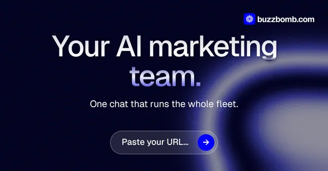 Social ad for BuzzBomb: "Your AI marketing team." Agentic glass style, centred layout, dark palette in black, grey, blue.