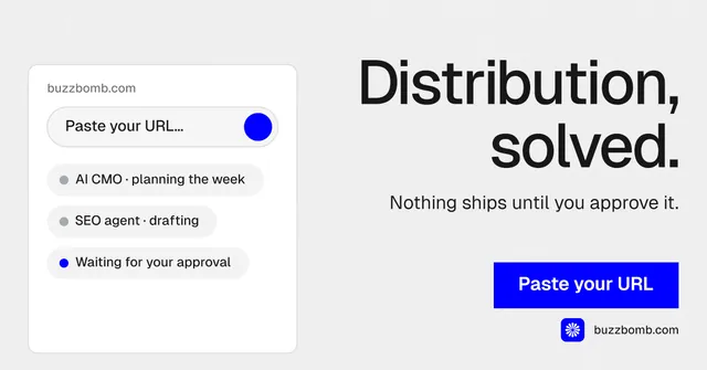 Social ad for BuzzBomb: "Distribution, solved." Swiss style, right layout, light palette in white, blue.