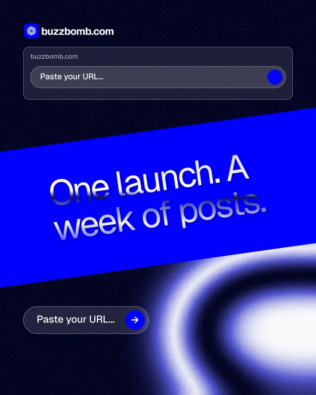 Instagram portrait post for BuzzBomb: "One launch. A week of posts." Agentic glass style, diagonal layout, dark palette in blue, black.