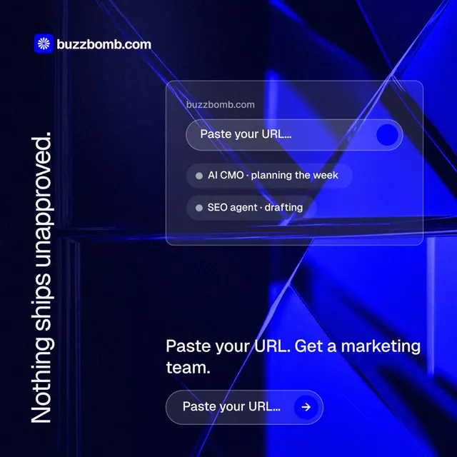 Instagram post for BuzzBomb: "Nothing ships unapproved." Agentic glass style, vertical layout, dark palette in black, blue.