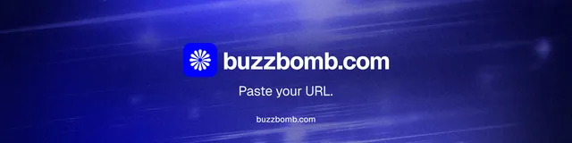 LinkedIn banner for BuzzBomb: "Paste your URL." Agentic glass style, end card layout, dark palette in blue.