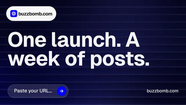 Landscape graphic for BuzzBomb: "One launch. A week of posts." Agentic glass style, poster layout, dark palette in blue, black, grey.