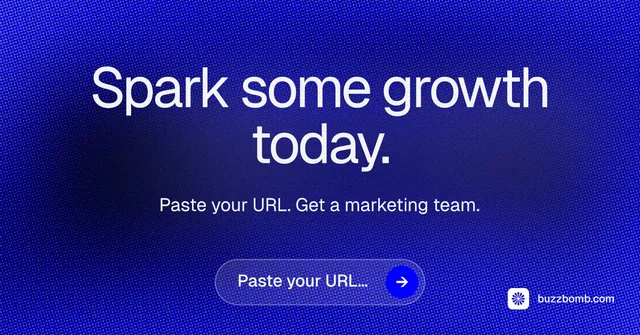 Social ad for BuzzBomb: "Spark some growth today." Agentic glass style, centred layout, dark palette in blue.