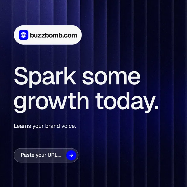 Instagram post for BuzzBomb: "Spark some growth today." Agentic glass style, announce layout, dark palette in black, blue, grey.