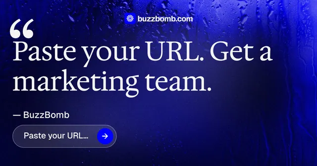 Social ad for BuzzBomb: "One launch. A week of posts." Agentic glass style, quote layout, dark palette in blue.
