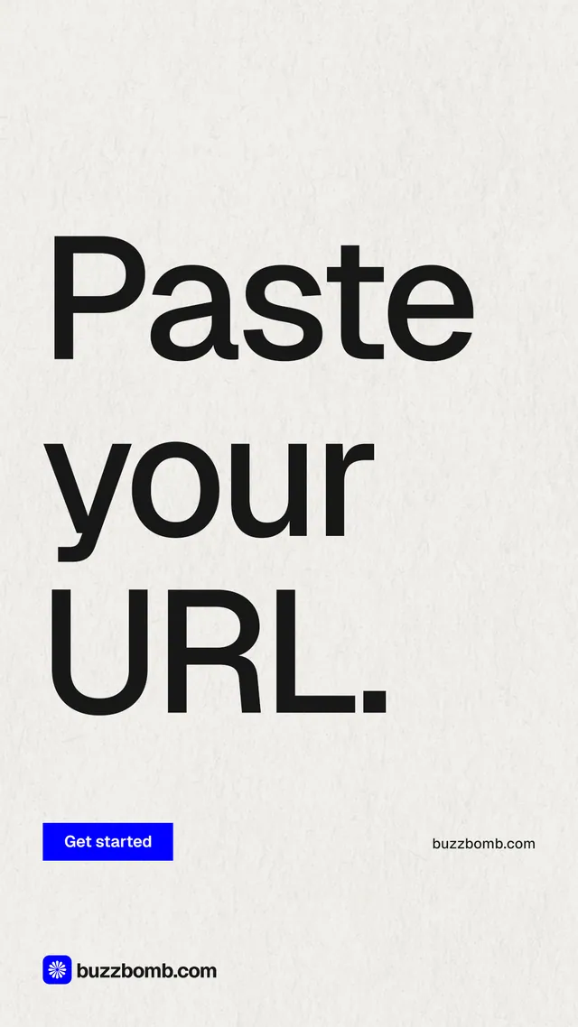 Instagram story for BuzzBomb: "Paste your URL." Swiss style, poster layout, light palette in white, grey.