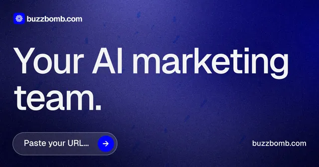 Social ad for BuzzBomb: "Your AI marketing team." Agentic glass style, poster layout, dark palette in blue.