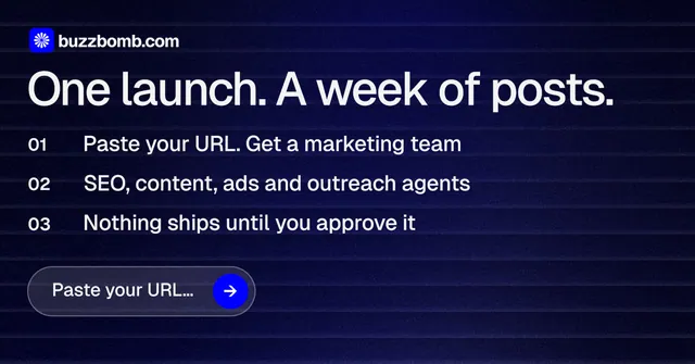 Social ad for BuzzBomb: "One launch. A week of posts." Agentic glass style, numbered layout, dark palette in blue, black.