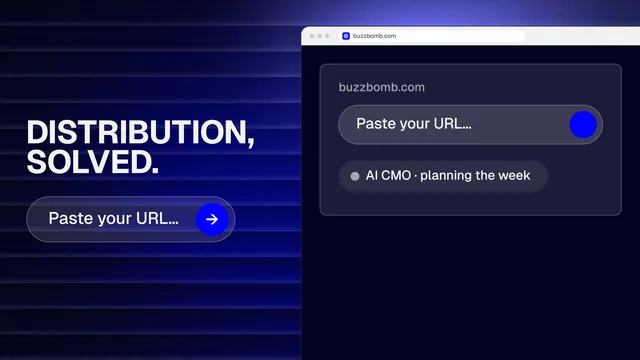 Landscape graphic for BuzzBomb: "Distribution, solved." Agentic glass style, browser layout, dark palette in black, blue.