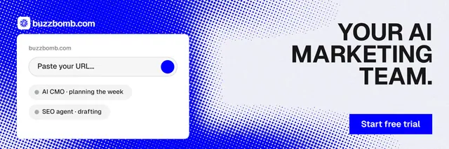 X header for BuzzBomb: "Your AI marketing team." Swiss style, right layout, light palette in white, blue.