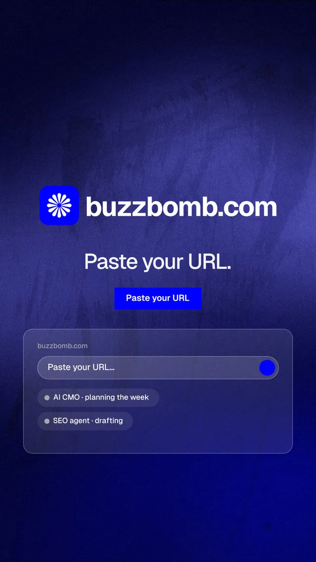 Instagram story for BuzzBomb: "Paste your URL." Swiss style, logo hero layout, dark palette in blue.