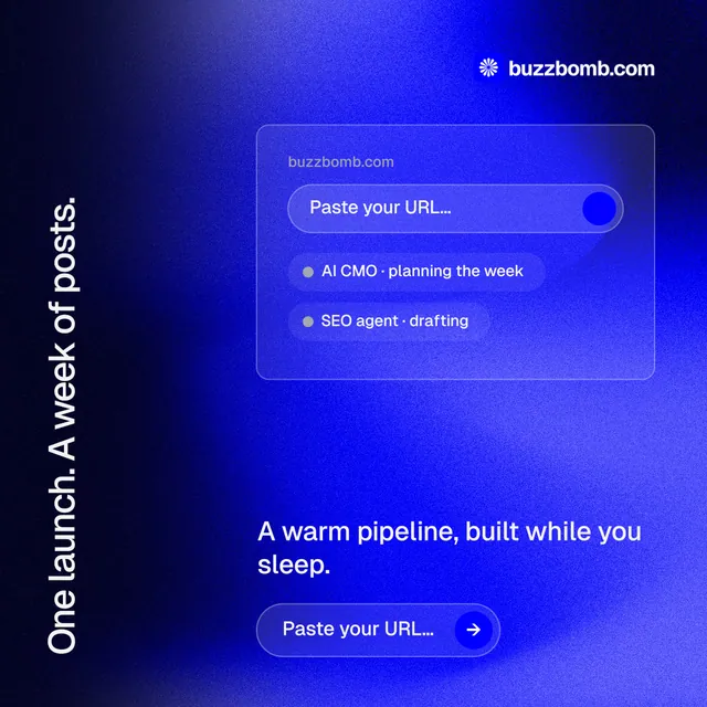 Instagram post for BuzzBomb: "One launch. A week of posts." Agentic glass style, vertical layout, dark palette in black, blue.